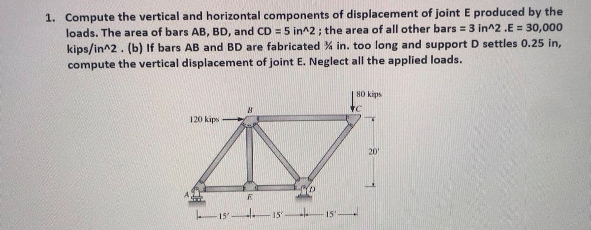 1. Compute the vertical and horizontal components of displacement of joint E produced by the
loads. The area of bars AB, BD, and CD = 5 in^2; the area of all other bars = 3 in^2 .E 30,000
kips/in^2. (b) If bars AB and BD are fabricated % in. too long and support D settles 0.25 in,
compute the vertical displacement of joint E. Neglect all the applied loads.
80 kips
120 kips
20
15
15
15
