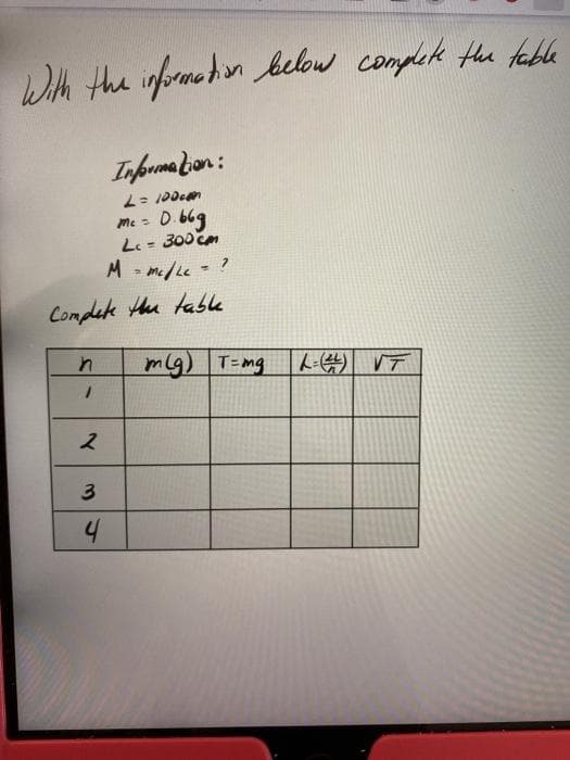 Wth the informetion below complek the fabla
Infrema ion :
001 =7
me - D. 669
L - 300 cm
M - m/Le - ?
Compete the tabk
mlg) T-mg
L- VT
3
