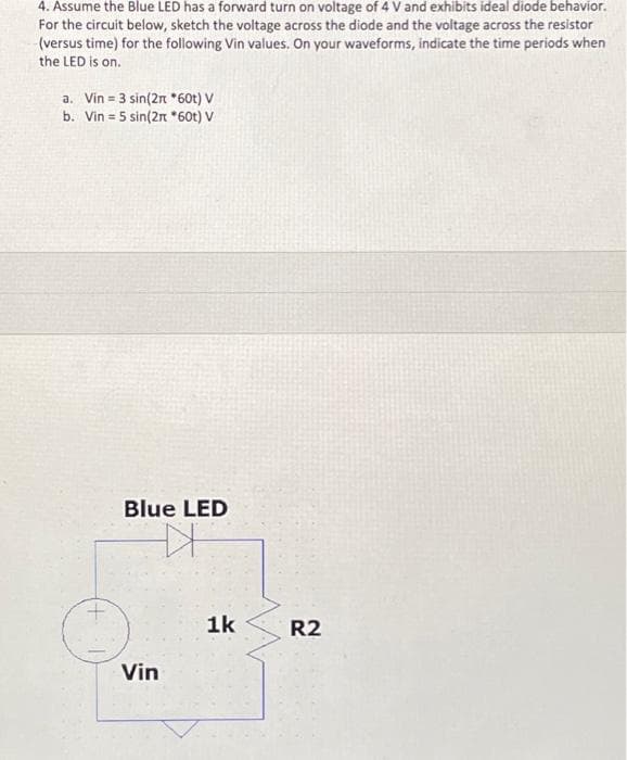 4. Assume the Blue LED has a forward turn on voltage of 4 V and exhibits ideal diode behavior.
For the circuit below, sketch the voltage across the diode and the voltage across the resistor
(versus time) for the following Vin values. On your waveforms, indicate the time periods when
the LED is on.
a. Vin= 3 sin(2π *60t) V
b. Vin = 5 sin(2π *60t) V
Blue LED
#
Vin
1k
R2