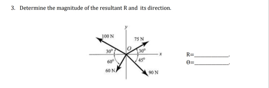 3. Determine the magnitude of the resultant R and its direction.
100 N
75 N
30°
30
R=_
60°
45°
e=.
60 NA
90 N
