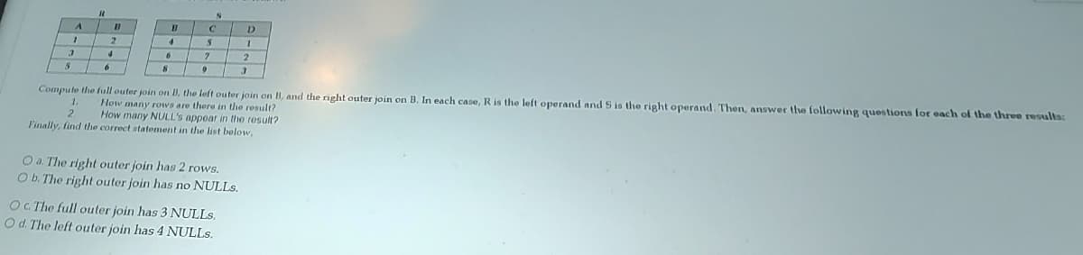 A
1
J
1.
11
6
3
11
4
6
7
C
0
3
Compute the full outer join on D, the left outer join on B, and the right outer join on B. In each case, R is the left operand and S is the right operand. Then, answer the following questions for each of the three results:
How many rows are there in the result?
How many NULL's appear in the result?
S
D
1
2
Finally, find the correct statement in the list below,
O a. The right outer join has 2 rows.
O b. The right outer join has no NULLS.
Oc. The full outer join has 3 NULLs.
O d. The left outer join has 4 NULLS.