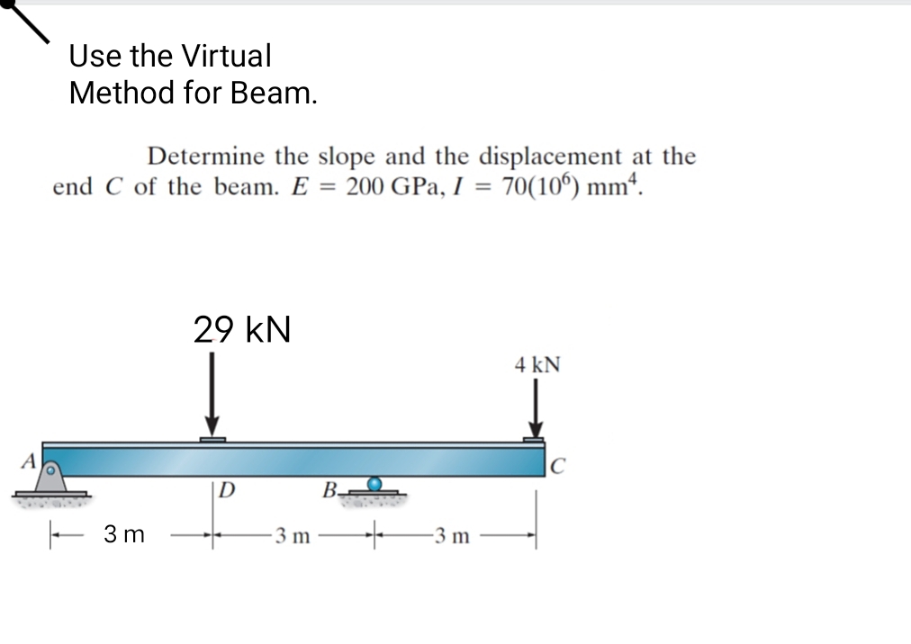 A
Use the Virtual
Method for Beam.
Determine the slope and the displacement at the
end C of the beam. E = 200 GPa, I = 70(106) mm².
3m
29 KN
D
-3 m
B-
+
-3 m
4 kN