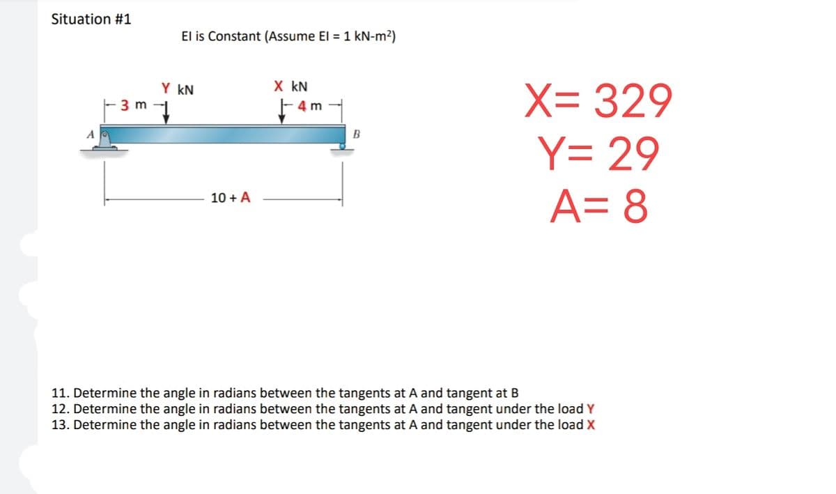 Situation #1
A
3 m
El is Constant (Assume El = 1 kN-m²)
Y KN
ny
10 + A
X_kN
Fam
B
X= 329
Y= 29
A = 8
11. Determine the angle in radians between the tangents at A and tangent at B
12. Determine the angle in radians between the tangents at A and tangent under the load Y
13. Determine the angle in radians between the tangents at A and tangent under the load X