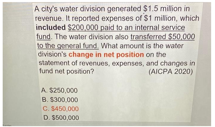 Inotes
A city's water division generated $1.5 million in
revenue. It reported expenses of $1 million, which
included $200,000 paid to an internal service
fund. The water division also transferred $50,000
to the general fund. What amount is the water
division's change in net position on the
statement of revenues, expenses, and changes in
fund net position?
(AICPA 2020)
A. $250,000
B. $300,000
C. $450,000
D. $500,000