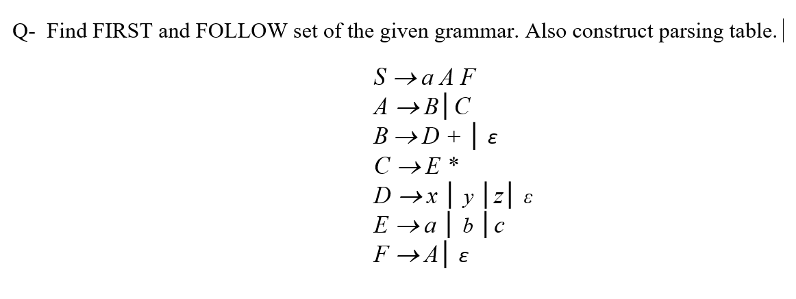 Q- Find FIRST and FOLLOW set of the given grammar. Also construct parsing table.
S →a A F
A → B|C
B →D + | ɛ
C →E *
D →x | y |z| €
E →a | b |c
F →A| E

