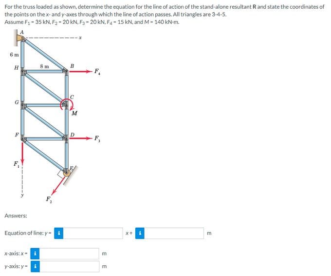 For the truss loaded as shown, determine the equation for the line of action of the stand-alone resultant R and state the coordinates of
the points on the x- and y-axes through which the line of action passes. All triangles are 3-4-5.
Assume F₁ - 35 kN, F2-20 kN, Fs-20 kN, F4-15 kN, and M-140 kN-m.
- x
6m
8m
H
Ch
Answers:
Equation of line: y =
x-axis:x- i
y-axis: y = i
B
C
M
D
F₁
F₁
EE
X+ i
m