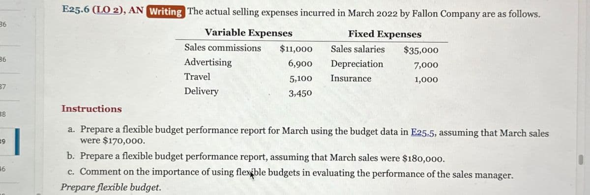 86
86
87
88
E25.6 (LO 2), AN Writing The actual selling expenses incurred in March 2022 by Fallon Company are as follows.
Variable Expenses
Instructions
Sales commissions
Advertising
Travel
Delivery
Fixed Expenses
$11,000
Sales salaries
$35,000
6,900
Depreciation
7,000
5,100
3,450
Insurance
1,000
9
a. Prepare a flexible budget performance report for March using the budget data in E25.5, assuming that March sales
were $170,000.
b. Prepare a flexible budget performance report, assuming that March sales were $180,000.
6
c. Comment on the importance of using flexible budgets in evaluating the performance of the sales manager.
Prepare flexible budget.