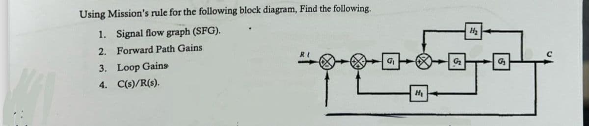 Using Mission's rule for the following block diagram, Find the following.
1. Signal flow graph (SFG).
2. Forward Path Gains
3. Loop Gains
4. C(s)/R(s).
G₁
Hi
H₂
G₂
G