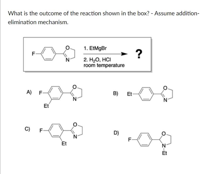 What is the outcome of the reaction shown in the box? - Assume addition-
elimination mechanism.
A)
F
N
LL
F
1. EtMgBr
2. H₂O, HCI
room temperature
B)
Et
N
Et
?
C)
F
D)
N
F
Et
Z-
N
Et