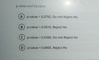 p-value and Decision
A p-value < 0.0792. Do not Reject Ho.
B p-value = 0.0010, Reject Ho
p-value = 0.0396, Do not Reject Ho
D p-value = 0.0005, Reject Ho