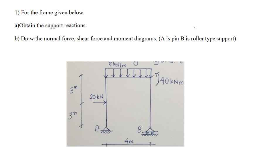 1) For the frame given below.
a)Obtain the support reactions.
b) Draw the normal force, shear force and moment diagrams. (A is pin B is roller type support)
5KN /m
JAOKNM
20 kN
3m
A tr
4m
