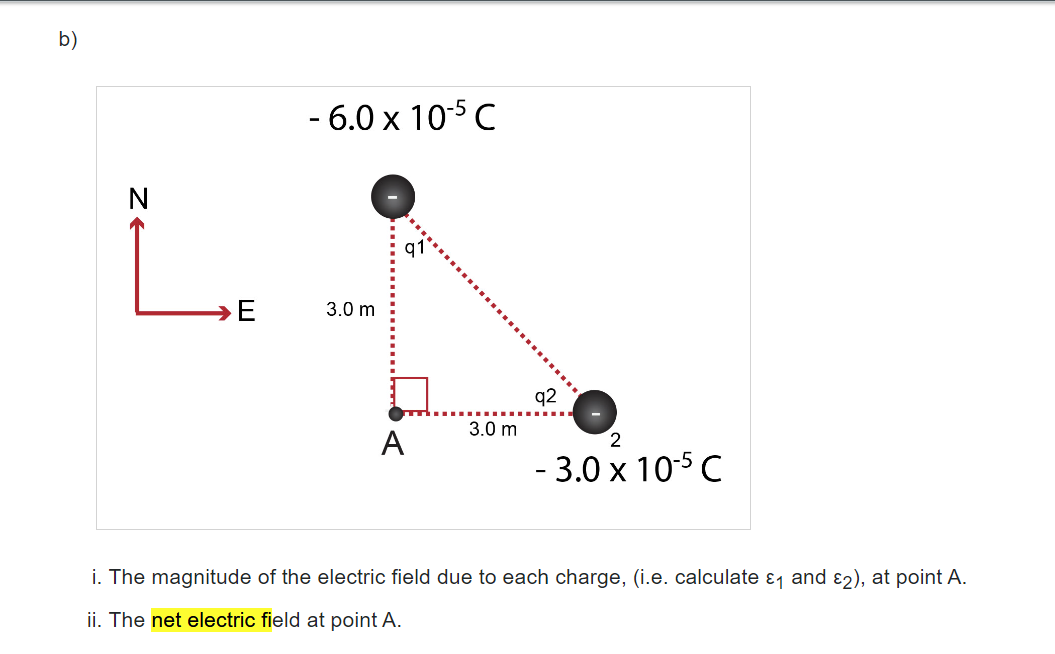 b)
ZE
→E
- 6.0 x 10-5 C
3.0 m
A
3.0 m
q2
2
- 3.0 x 10-5 C
i. The magnitude of the electric field due to each charge, (i.e. calculate ₁ and 22), at point A.
ii. The net electric field at point A.