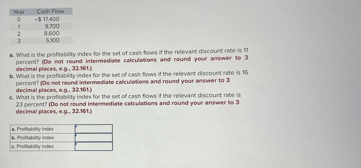 Year
Cash Flow
0
-$ 17,400
1
9,700
8,600
5,100
2
3
a. What is the profitability index for the set of cash flows if the relevant discount rate is 11
percent? (Do not round intermediate calculations and round your answer to 3
decimal places, e.g., 32.161.)
b. What is the profitability index for the set of cash flows if the relevant discount rate is 16
percent? (Do not round intermediate calculations and round your answer to 3
decimal places, e.g., 32.161.)
c. What is the profitability index for the set of cash flows if the relevant discount rate is
23 percent? (Do not round intermediate calculations and round your answer to 3
decimal places, e.g., 32.161.)
a. Profitability index
b. Profitability index
c. Profitability index