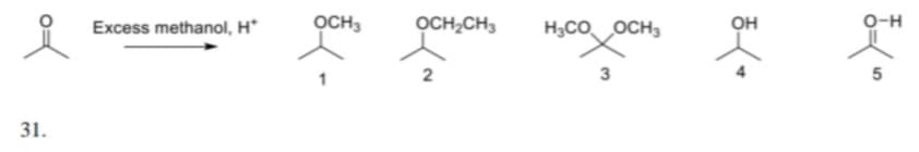Excess methanol, H*
OCH,
OCH,CH3
H3CO OCH3
он
O-H
31.
4.
