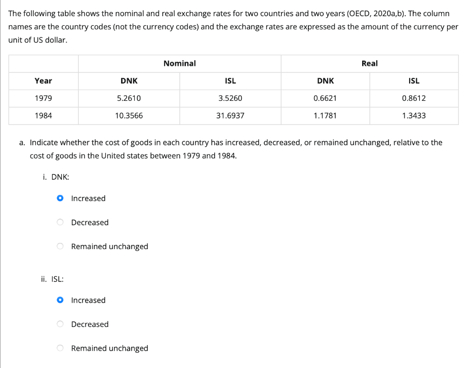 The following table shows the nominal and real exchange rates for two countries and two years (OECD, 2020a,b). The column
names are the country codes (not the currency codes) and the exchange rates are expressed as the amount of the currency per
unit of US dollar.
Year
1979
1984
i. DNK:
O Increased
ii. ISL:
DNK
O Increased
5.2610
10.3566
Decreased
Remained unchanged
Decreased
Nominal
a. Indicate whether the cost of goods in each country has increased, decreased, or remained unchanged, relative to the
cost of goods in the United states between 1979 and 1984.
Remained unchanged
ISL
3.5260
31.6937
DNK
0.6621
1.1781
Real
ISL
0.8612
1.3433