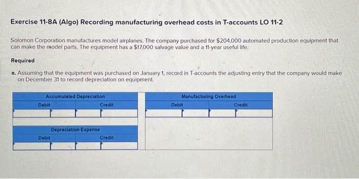 Exercise 11-8A (Algo) Recording manufacturing overhead costs in T-accounts LO 11-2
Solomon Corporation manufactures model airplanes. The company purchased for $204,000 automated production equipment that
can make the model parts. The equipment has a $17,000 salvage value and a 11-year useful life.
Required
a. Assuming that the equipment was purchased on January 1, record in T-accounts the adjusting entry that the company would make
on December 31 to record depreciation on equipment.
Accumulated Depreciation
Debit
Debit
Credit
Depreciation Expense
Credit
Manufacturing Overhead.
Debit
Credit