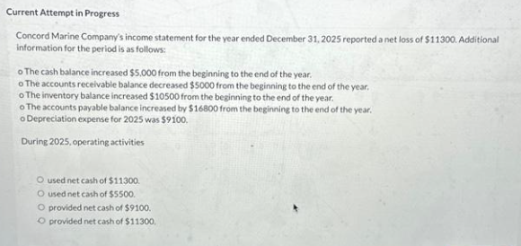 Current Attempt in Progress
Concord Marine Company's income statement for the year ended December 31, 2025 reported a net loss of $11300. Additional
information for the period is as follows:
o The cash balance increased $5,000 from the beginning to the end of the year.
o The accounts receivable balance decreased $5000 from the beginning to the end of the year.
o The inventory balance increased $10500 from the beginning to the end of the year.
o The accounts payable balance increased by $16800 from the beginning to the end of the year.
o Depreciation expense for 2025 was $9100,
During 2025, operating activities
O used net cash of $11300.
O used net cash of $5500.
O provided net cash of $9100.
O provided net cash of $11300.
