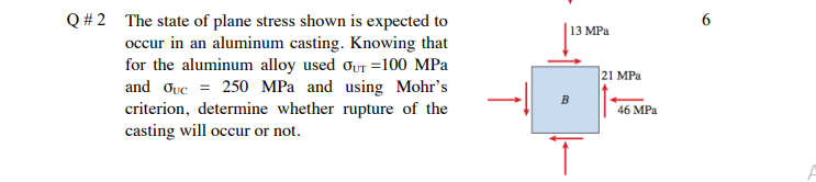 Q # 2 The state of plane stress shown is expected to
6
|13 MPа
occur in an aluminum casting. Knowing that
for the aluminum alloy used oUT =100 MPa
and Ouc = 250 MPa and using Mohr's
criterion, determine whether rupture of the
casting will occur or not.
21 MPa
46 MPa
