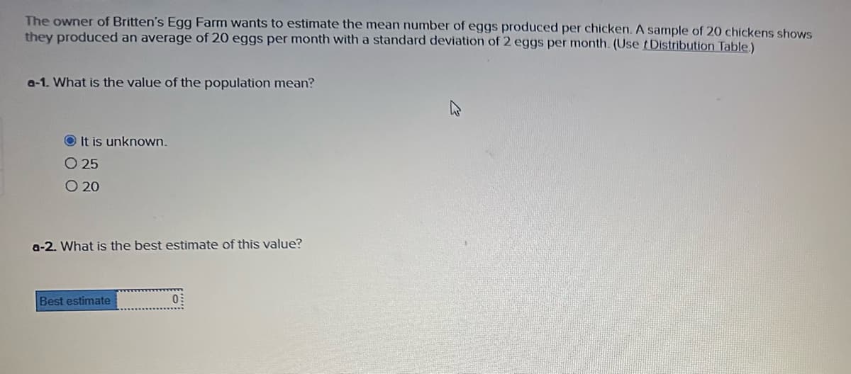 The owner of Britten's Egg Farm wants to estimate the mean number of eggs produced per chicken. A sample of 20 chickens shows
they produced an average of 20 eggs per month with a standard deviation of 2 eggs per month. (Use t Distribution Table.)
a-1. What is the value of the population mean?
It is unknown.
O 25
O 20
a-2. What is the best estimate of this value?
Best estimate
0