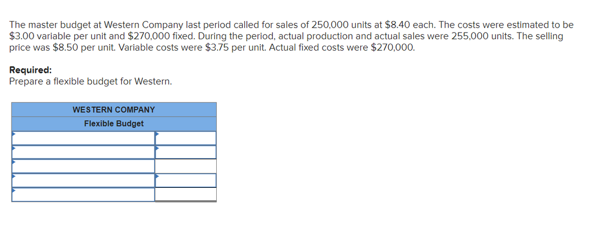 The master budget at Western Company last period called for sales of 250,000 units at $8.40 each. The costs were estimated to be
$3.00 variable per unit and $270,000 fixed. During the period, actual production and actual sales were 255,000 units. The selling
price was $8.50 per unit. Variable costs were $3.75 per unit. Actual fixed costs were $270,000.
Required:
Prepare a flexible budget for Western.
WESTERN COMPANY
Flexible Budget