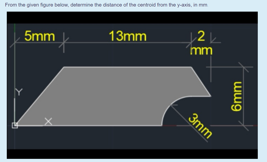 From the given figure below, determine the distance of the centroid from the y-axis, in mm.
13mm
mm
5mm
3mm
6mm
