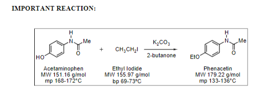 IMPORTANT REACTION:
Lor
Me
K2CO3
Me
+
CH;CH,I
но
2-butanone
EtO
Acetaminophen
MW 151.16 g/mol
mp 168-172 C
Ethyl lodide
MW 155.97 g/mol
bp 69-73°C
Phenacetin
MW 179.22 g/mol
mp 133-136°C
