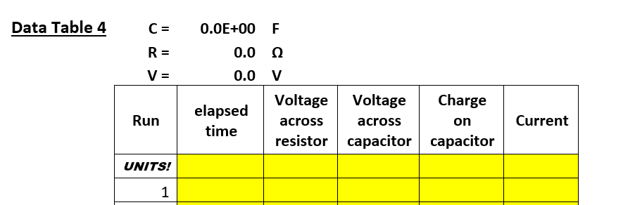 Data Table 4
C =
0.ОЕ+00 F
R =
0.0 0
V =
0.0 V
Voltage
Voltage
Charge
elapsed
time
Run
across
across
on
Current
resistor
capacitor capacitor
UNITS!
1
