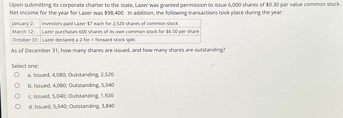 Upon submitting its corporate charter to the state, Lazer was granted permission to issue 6,000 shares of $0.30 par value common stock.
Net income for the year for Lazer was $98,400. In addition, the following transactions took place during the year:
January 2:
March 12:
Investors paid Lazer $7 each for 2,520 shares of common stock
Lazer purchases 600 shares of its own common stock for $6.50 per share
October 31: Lazer declared a 2-for-1 forward stock split
As of December 31, how many shares are issued, and how many shares are outstanding?
Select one:
О
a. Issued, 4,080; Outstanding, 2,520
O
b. Issued, 4,080; Outstanding, 5,040
O
c. Issued, 5,040; Outstanding, 1,920
о
d. Issued, 5,040; Outstanding, 3,840
