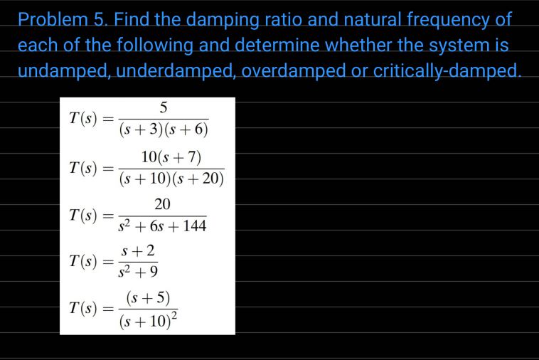 Problem 5. Find the damping ratio and natural frequency of
each of the following and determine whether the system is
undamped, underdamped, overdamped or critically-damped.
5
T(s)
=
(s+3)(s+6)
T(s)
10(s + 7)
(s + 10) (s+20)
20
T(s) =
s² + 6s+ 144
s+2
T(s):
s² +9
T(s) =
=
=
=
=
(s+5)
(s+10)²
