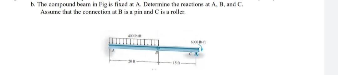 b. The compound beam in Fig is fixed at A. Determine the reactions at A, B, and C.
Assume that the connection at B is a pin and C is a roller.
400 Ib/ft
6000 Ib-ft
20 ft
15 ft
