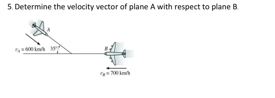 5. Determine the velocity vector of plane A with respect to plane B.
VA=600 km/h 35%
B
AA
UB= 700 km/h