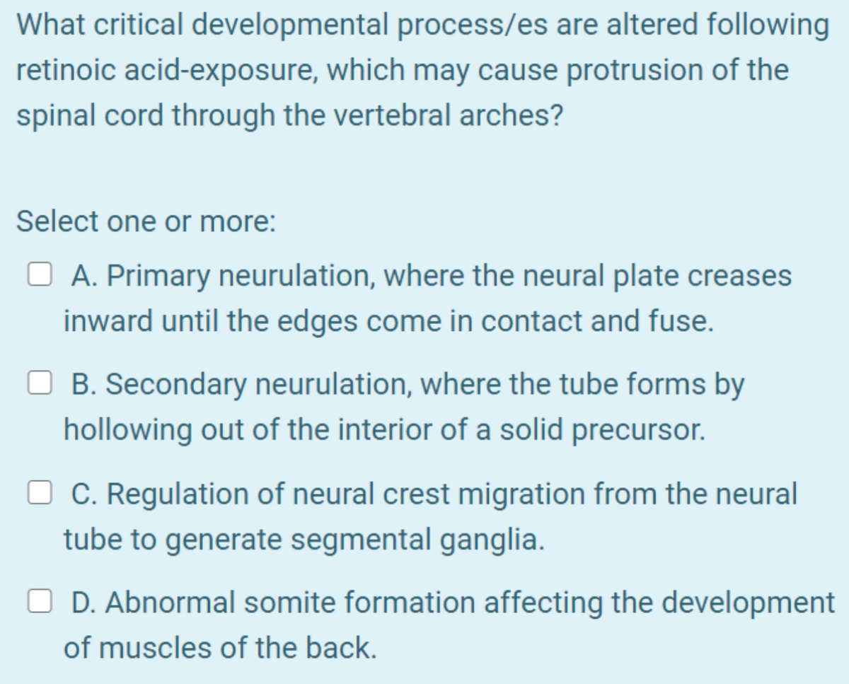 What critical developmental process/es are altered following
retinoic acid-exposure, which may cause protrusion of the
spinal cord through the vertebral arches?
Select one or more:
O A. Primary neurulation, where the neural plate creases
inward until the edges come in contact and fuse.
B. Secondary neurulation, where the tube forms by
hollowing out of the interior of a solid precursor.
OC. Regulation of neural crest migration from the neural
tube to generate segmental ganglia.
OD. Abnormal somite formation affecting the development
of muscles of the back.