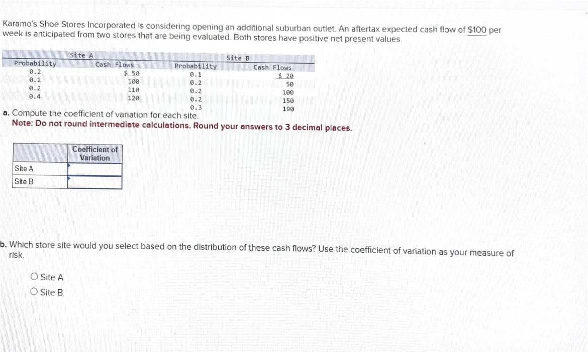 Karamo's Shoe Stores Incorporated is considering opening an additional suburban outlet. An aftertax expected cash flow of $100 per
week is anticipated from two stores that are being evaluated. Both stores have positive net present values.
Probability
0.2
0.2
0.2
0.4
Site A
Site B
Site A
Cash Flows
O Site A
O Site B
$50
100
110
120
Coefficient of
Variation
Probability
0.1
0.2
0.2
0.2
0.3
a. Compute the coefficient of variation for each site.
Note: Do not round intermediate calculations. Round your answers to 3 decimal places.
Site B
Cash Flows
$20
50
100
150
190
b. Which store site would you select based on the distribution of these cash flows? Use the coefficient of variation as your measure of
risk.