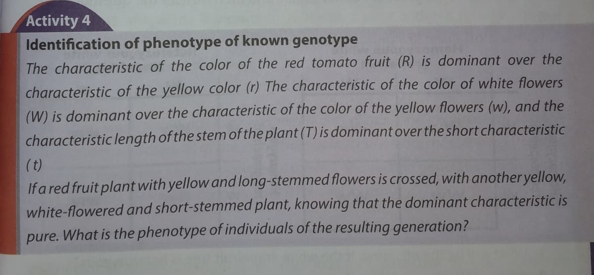Activity 4
Identification of phenotype of known genotype
The characteristic of the color of the red tomato fruit (R) is dominant over the
characteristic of the yellow color (r) The characteristic of the color of white flowers
(W) is dominant over the characteristic of the color of the yellow flowers (w), and the
characteristic length of the stem of the plant (T) is dominant over the short characteristic
(t)
If a red fruit plant with yellow and long-stemmed flowers is crossed, with anotheryellow,
white-flowered and short-stemmed plant, knowing that the dominant characteristic is
pure. What is the phenotype of individuals of the resulting generation?
