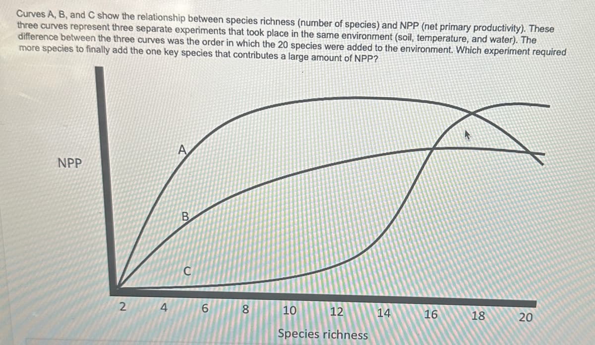 Curves A, B, and C show the relationship between species richness (number of species) and NPP (net primary productivity). These
three curves represent three separate experiments that took place in the same environment (soil, temperature, and water). The
difference between the three curves was the order in which the 20 species were added to the environment. Which experiment required
more species to finally add the one key species that contributes a large amount of NPP?
NPP
2
st
4
B
C
6
8
10
12
Species richness
14
16
18
20