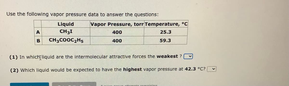 Use the following vapor pressure data to answer the questions:
A
B
Liquid
CH3I
CH3COOC₂H5
Vapor Pressure, torr Temperature, °C
400
25.3
400
59.3
(1) In which liquid are the intermolecular attractive forces the weakest ?
(2) Which liquid would be expected to have the highest vapor pressure at 42.3 °C?