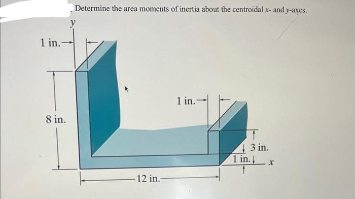 1 in.-
8 in.
Determine the area moments of inertia about the centroidal x- and y-axes.
12 in.-
1 in.-
43 in.
1 in.
X
