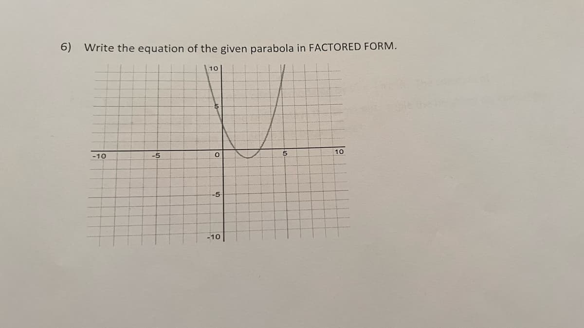 6)
Write the equation of the given parabola in FACTORED FORM.
l10
-10
-5
10
-5-
-10
