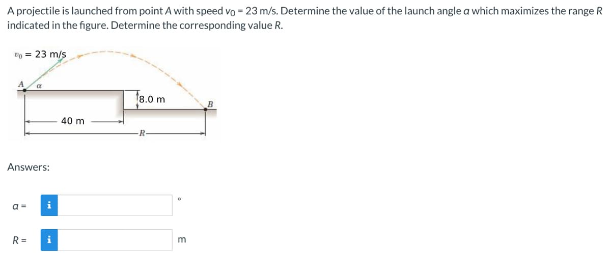 A projectile is launched from point A with speed vo = 23 m/s. Determine the value of the launch angle a which maximizes the range R
indicated in the figure. Determine the corresponding value R.
Vo = 23 m/s
Answers:
a =
α
R=
i
40 m
18.0 m
R
m
B