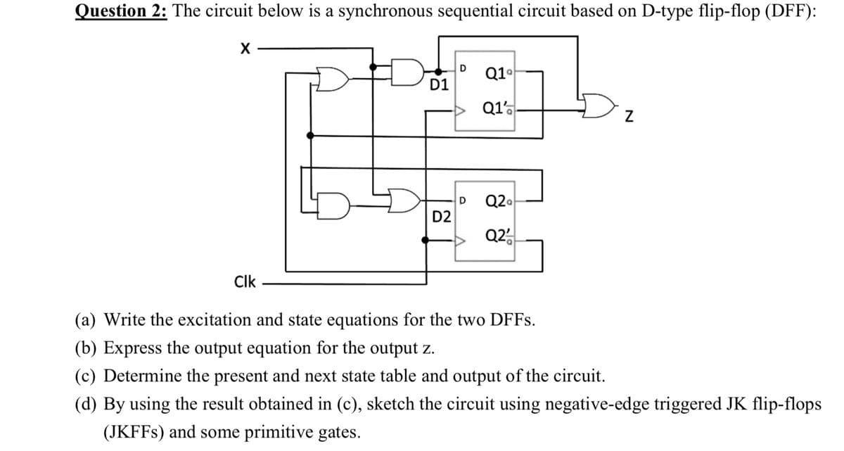 Question 2: The circuit below is a synchronous sequential circuit based on D-type flip-flop (DFF):
X
D1
D
Q1°
Q1
D
D2
Q2
Q2
N
Clk
(a) Write the excitation and state equations for the two DFFs.
(b) Express the output equation for the output z.
(c) Determine the present and next state table and output of the circuit.
(d) By using the result obtained in (c), sketch the circuit using negative-edge triggered JK flip-flops
(JKFFS) and some primitive gates.