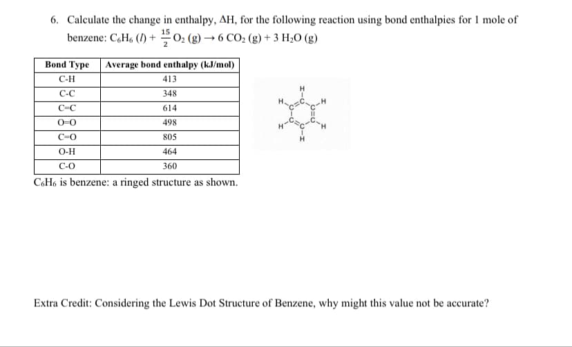 6. Calculate the change in enthalpy, AH, for the following reaction using bond enthalpies for 1 mole of
benzene: C,H6 (/) + 02 (g) → 6 CO2 (g) + 3 H2O (g)
15
2
Bond Type
Average bond enthalpy (kJ/mol)
С-Н
413
C-C
348
C=C
614
O=0
498
H.
C=0
805
H
O-H
464
C-O
360
C6H6 is benzene: a ringed structure as shown.
Extra Credit: Considering the Lewis Dot Structure of Benzene, why might this value not be accurate?
