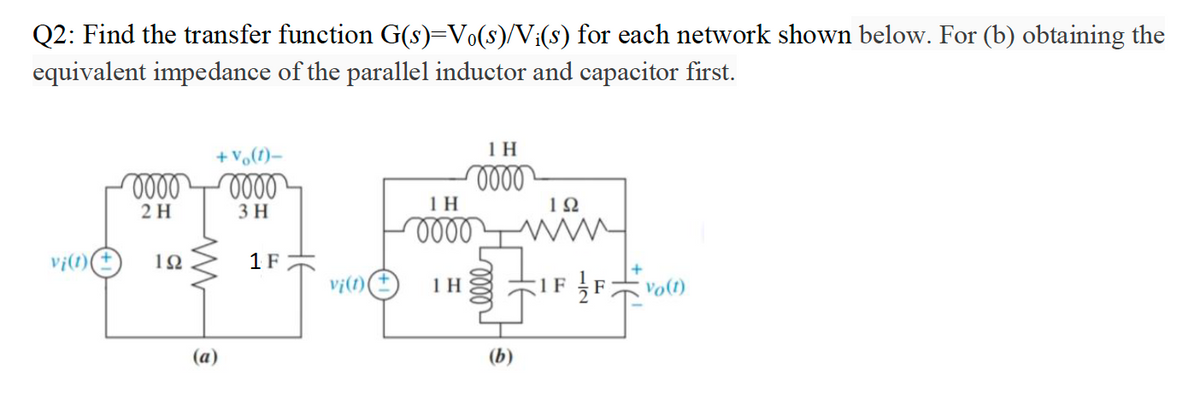 Q2: Find the transfer function G(s)=Vo(s)/Vi(s) for each network shown below. For (b) obtaining the
equivalent impedance of the parallel inductor and capacitor first.
+vo(1)–
1 H
1 H
2 H
3 H
vi(1)
1 F
vi(1)
1 H
1F FVot)
(a)
(b)
