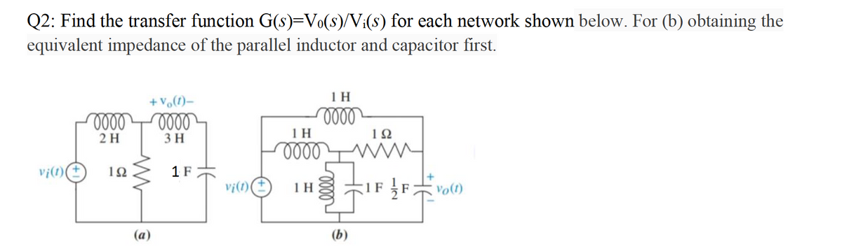 Q2: Find the transfer function G(s)=Vo(s)/V:(s) for each network shown below. For (b) obtaining the
equivalent impedance of the parallel inductor and capacitor first.
+ vo(1)–
1 H
2 H
3 H
1 H
vj(1)(
12
1 F
vi(1)
1 H
IF F
Vo(1)
(a)
(b)
