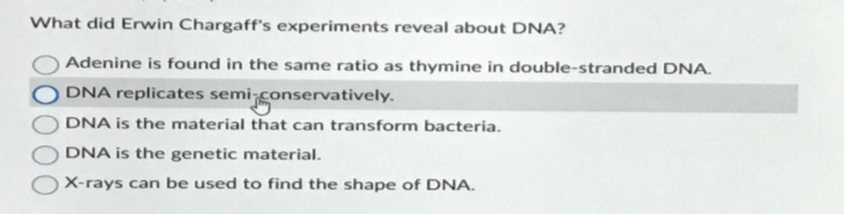 What did Erwin Chargaff's experiments reveal about DNA?
Adenine is found in the same ratio as thymine in double-stranded DNA.
ODNA replicates semi-conservatively.
DNA is the material that can transform bacteria.
DNA is the genetic material.
X-rays can be used to find the shape of DNA.