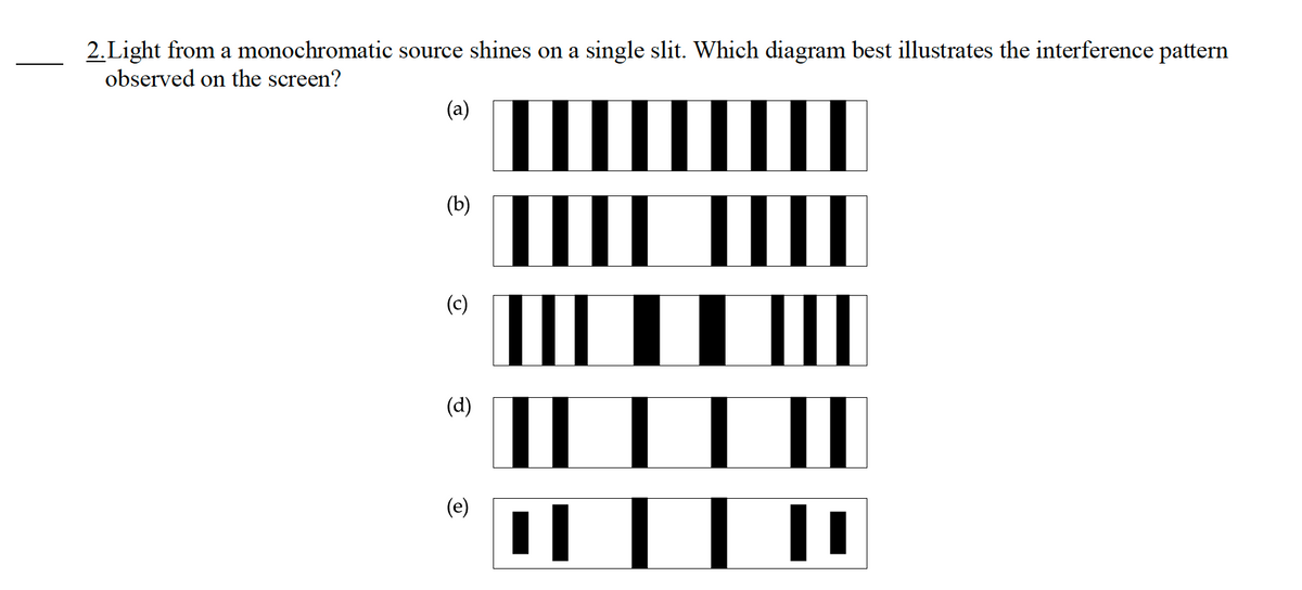 2.Light from a monochromatic source shines on a single slit. Which diagram best illustrates the interference pattern
observed on the screen?
(a)
(b)
(c)
(d)
(e)
III
TIT