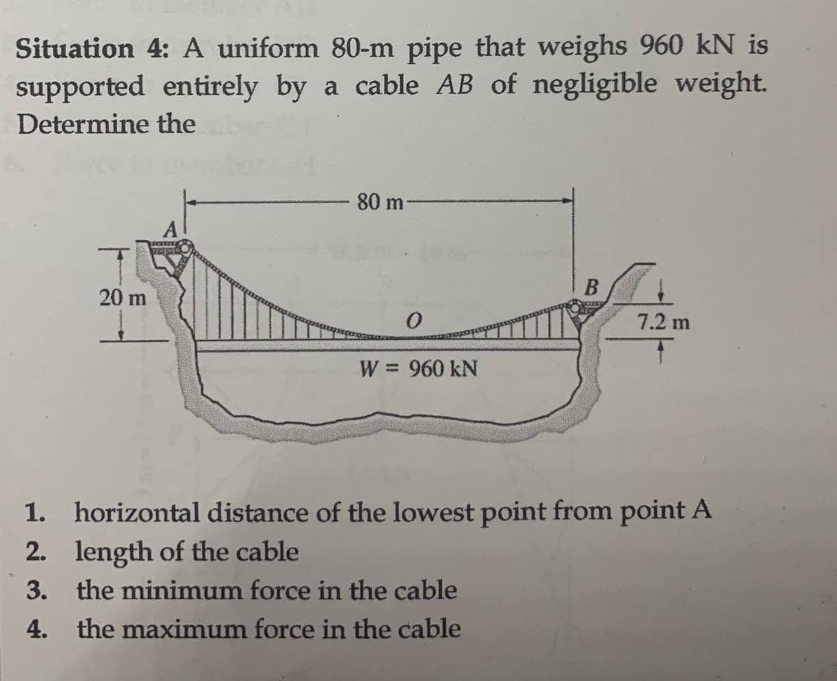 Situation 4: A uniform 80-m pipe that weighs 960 kN is
supported entirely by a cable AB of negligible weight.
Determine the
20 m
80 m-
0
W = 960 kN
B
7.2 m
T
1.
horizontal distance of the lowest point from point A
2. length of the cable
3. the minimum force in the cable
4. the maximum force in the cable