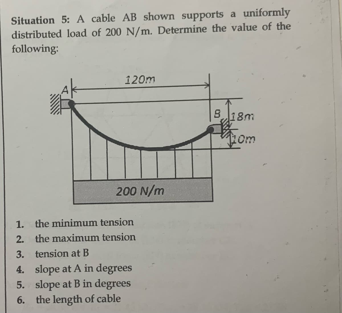 Situation 5: A cable AB shown supports a uniformly
distributed load of 200 N/m. Determine the value of the
following:
120m
200 N/m
1.
the minimum tension
2. the maximum tension
tension at B
3.
4. slope at A in degrees
slope at B in degrees
5.
6. the length of cable
B 18m
8
110m
