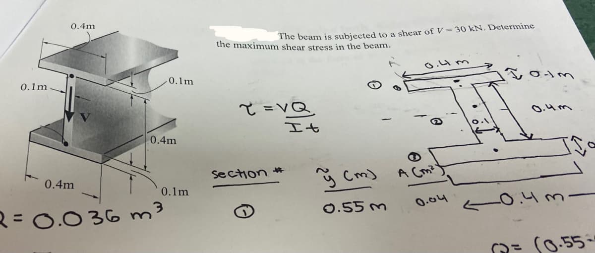 0.4m
The beam is subjected to a shear of y=30 kN. Determine
the maximum shear stress in the beam.
O.L4 m
0.1m
0.1m
て=VQ
O.4m
It
0.4m
Section #
* Cm)
A Cmiy
0.4m
0.1m
R=0.0 36 m
0.4m
0.55 m
0.04
(0.55-
