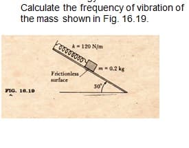 Calculate the frequency of vibration of
the mass shown in Fig. 16.19.
FIG. 10.10
Fooooooooy
- 120 N/m
Frictionless,
surface
m-0.2 kg
30%"