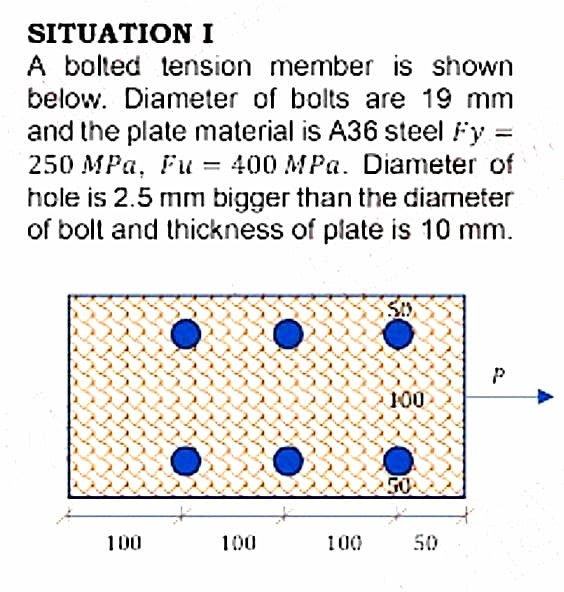 SITUATION I
A bolted tension member is shown
below. Diameter of bolts are 19 mm
and the plate material is A36 steel Fy =
250 MPa, Fu = 400 MPa. Diameter of
hole is 2.5 mm bigger than the diameter
of bolt and thickness of plate is 10 mm.
100
100
100
100
50
